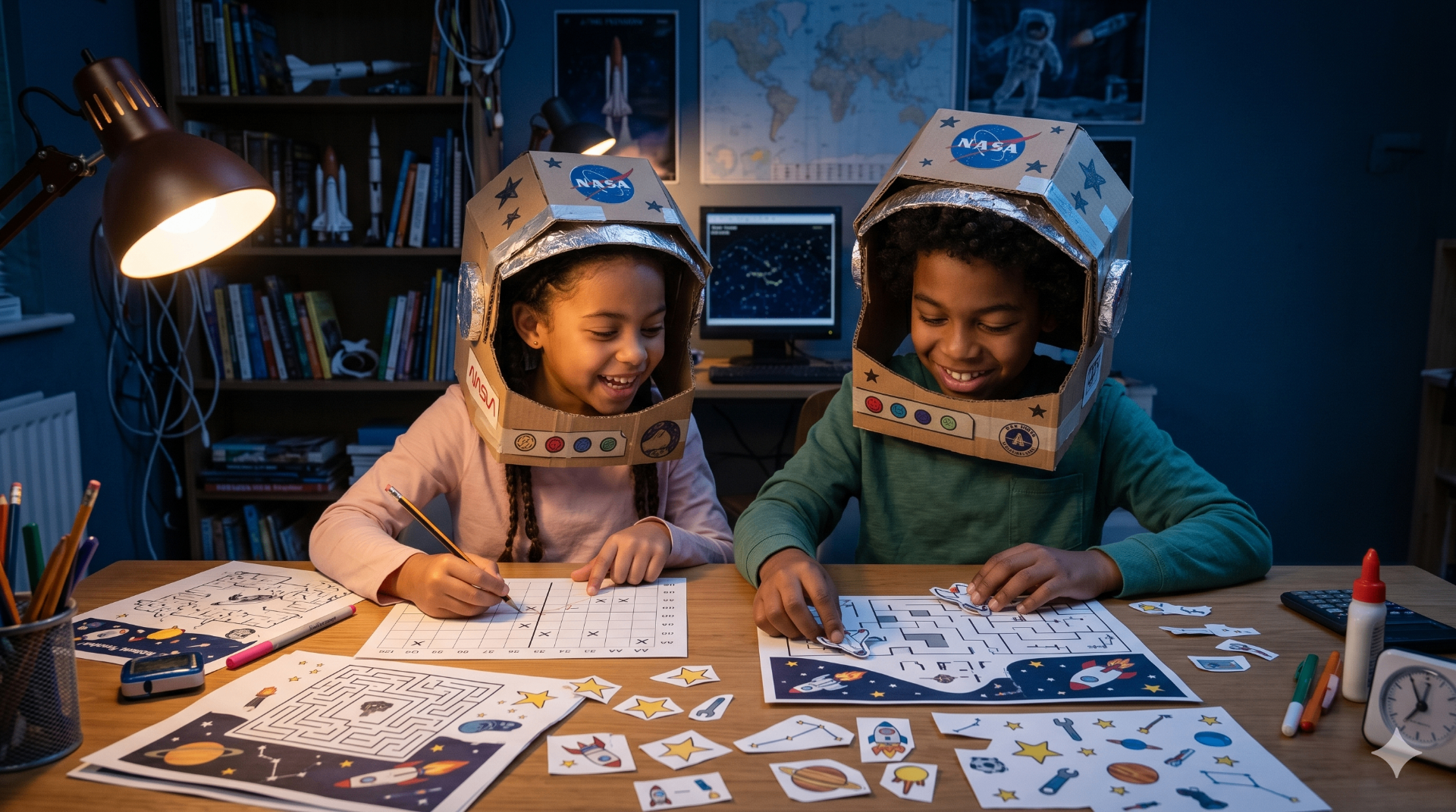 Niños con cascos de astronauta resolviendo retos del kit del espacio en casa